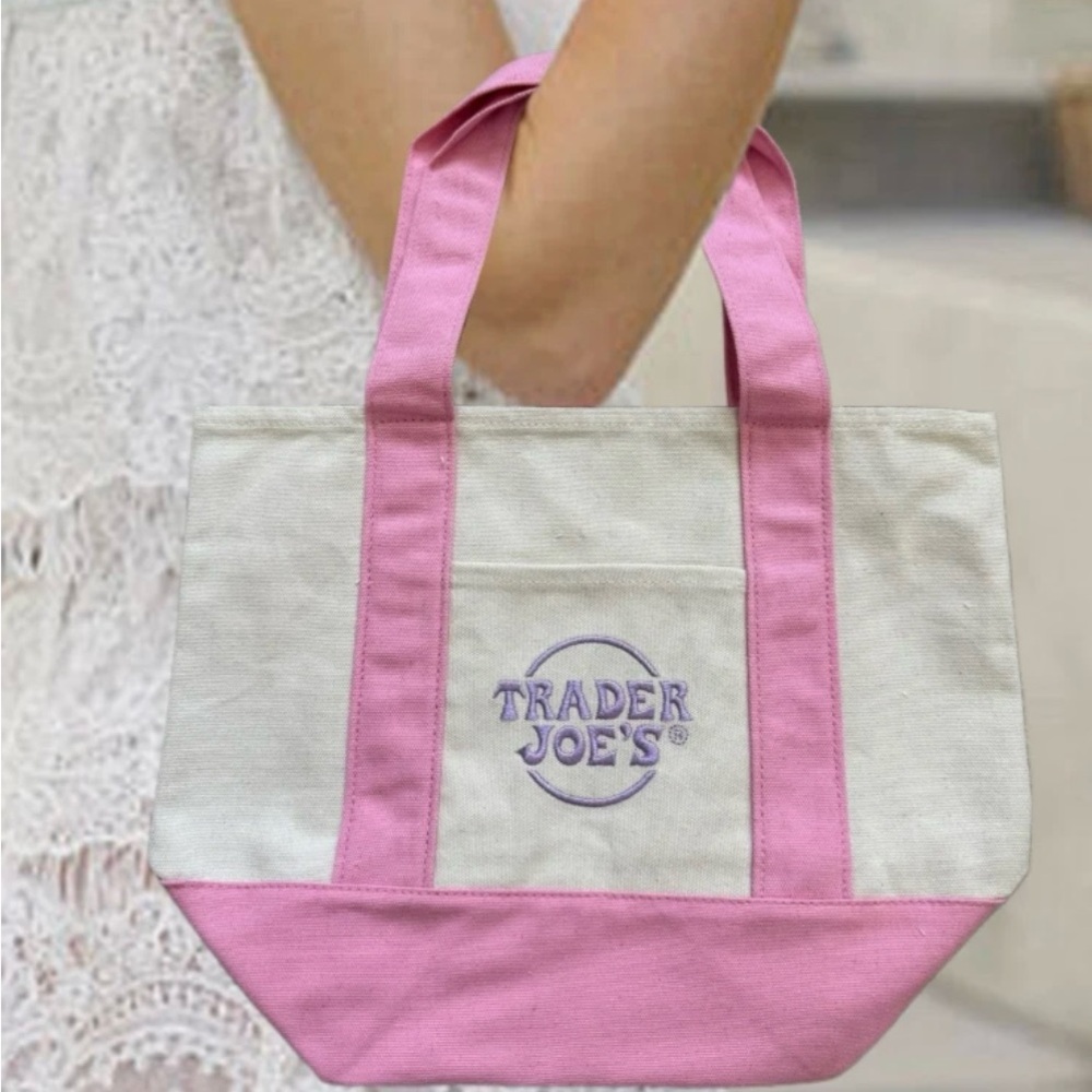 Trader Joe's Pastel Mini Canvas Tote Bags 2025  Pink and Cream Tote Bag